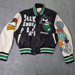 First Row Mens Large Varsity Jacket Black White Seek Inner Peace Patch FRJ0036CR